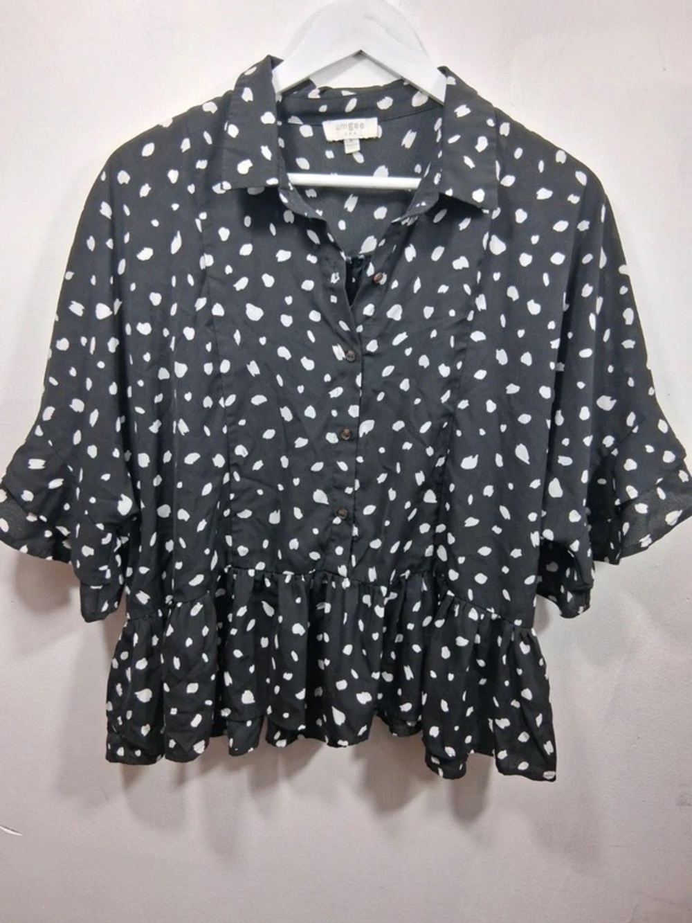 Umgee Black Blouse with White Spot Print and Peplum Hem